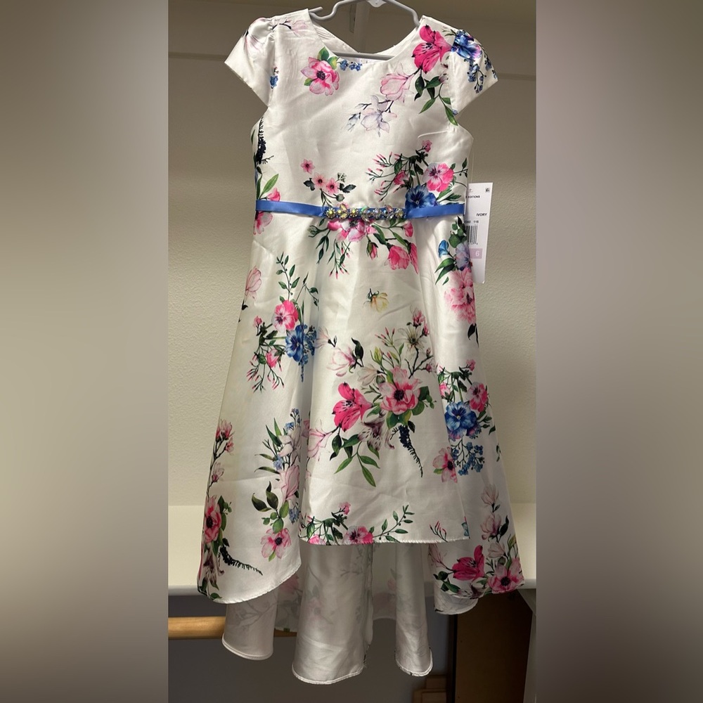 Floral High/low Dress with Blue Belt - NWT